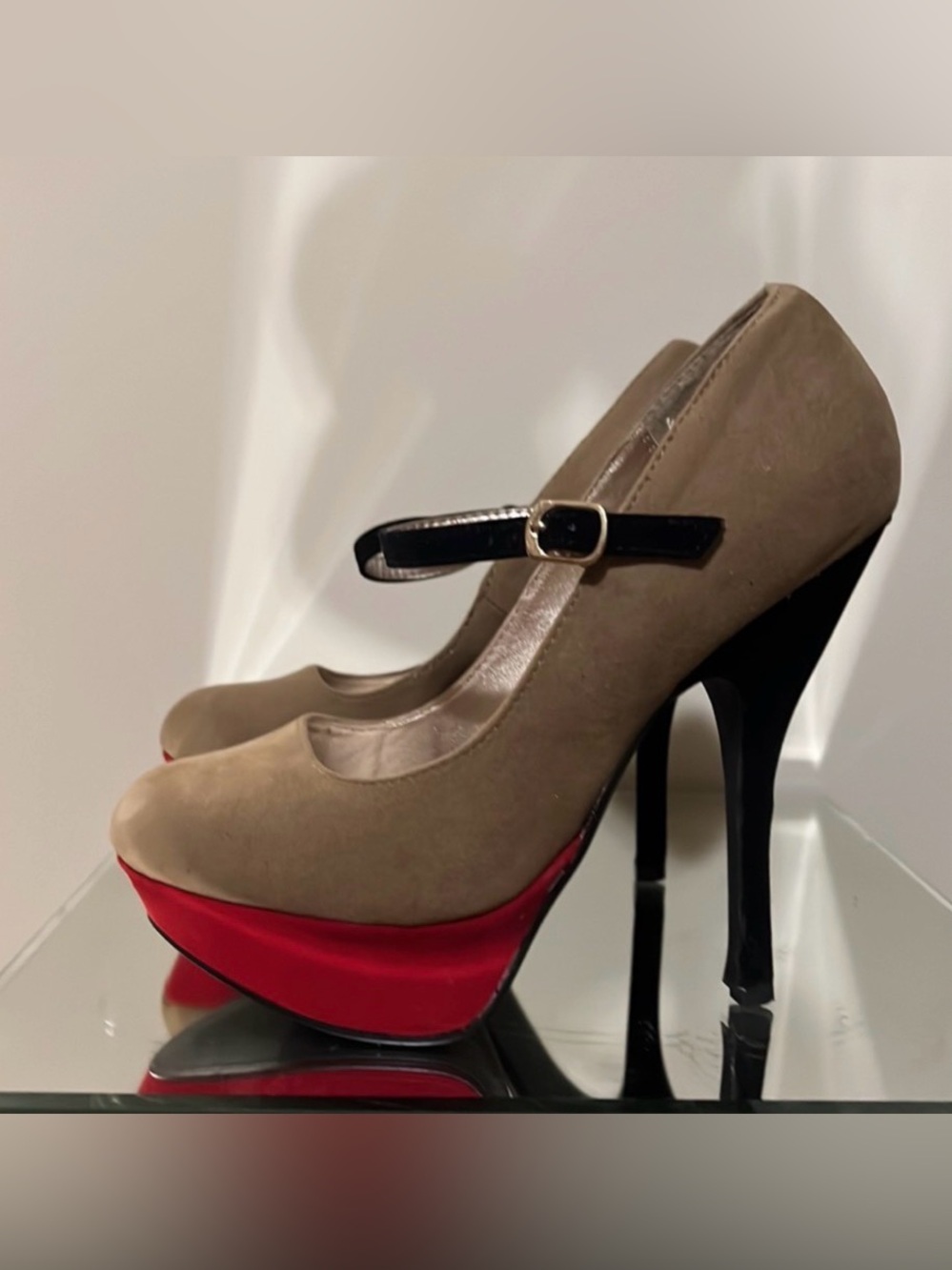 Women's Taupe Mary Jane Platform Pumps with Red Platform and Black Heel
